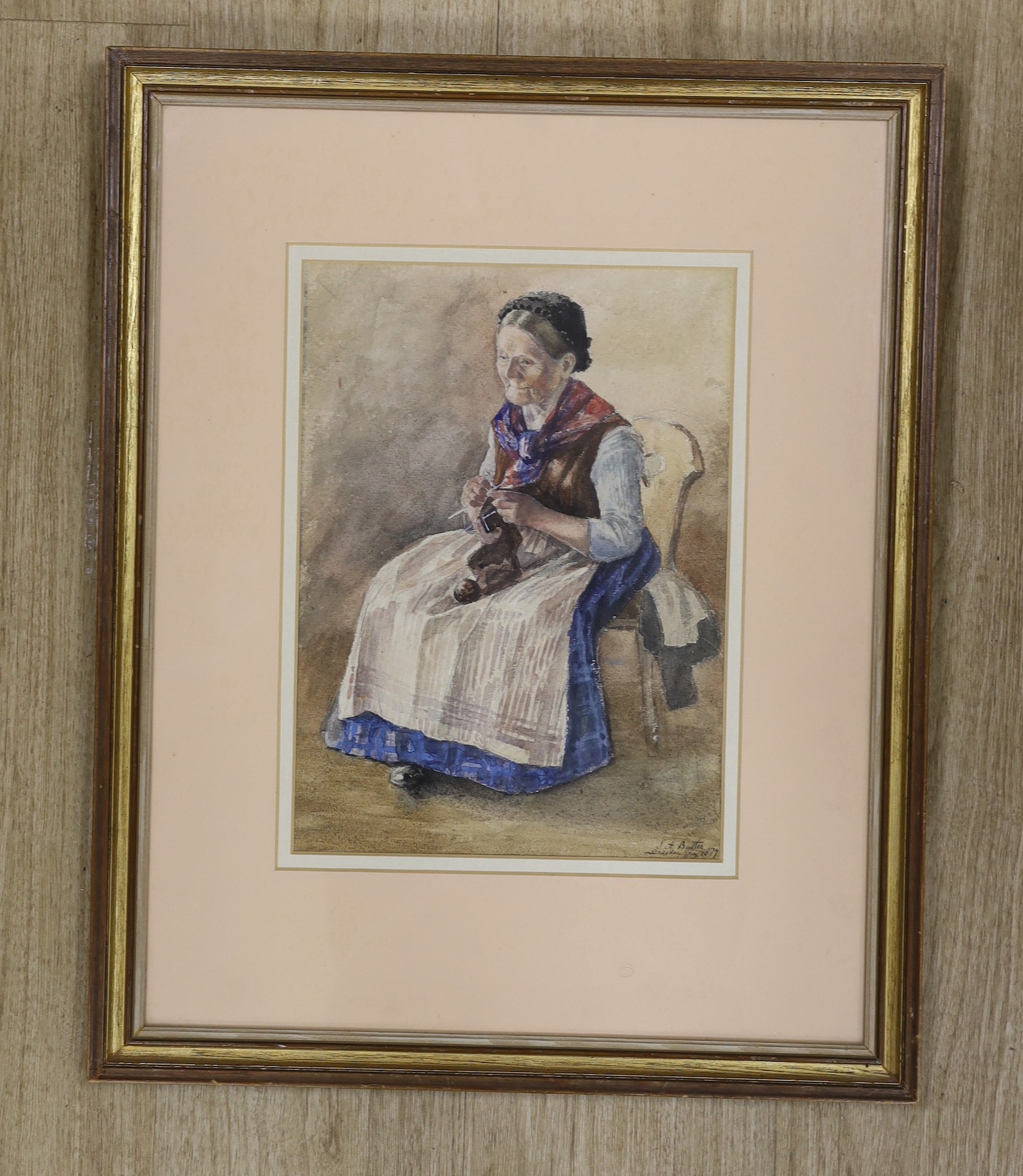 Miss S. A. Butler, (Exh. R.A.1890), watercolour, A woman knitting, signed and dated 1887, 34 x 25cm